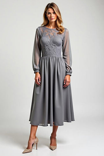 Grey A Line Long Sleeve Chiffon Mother Of The Bride Dress